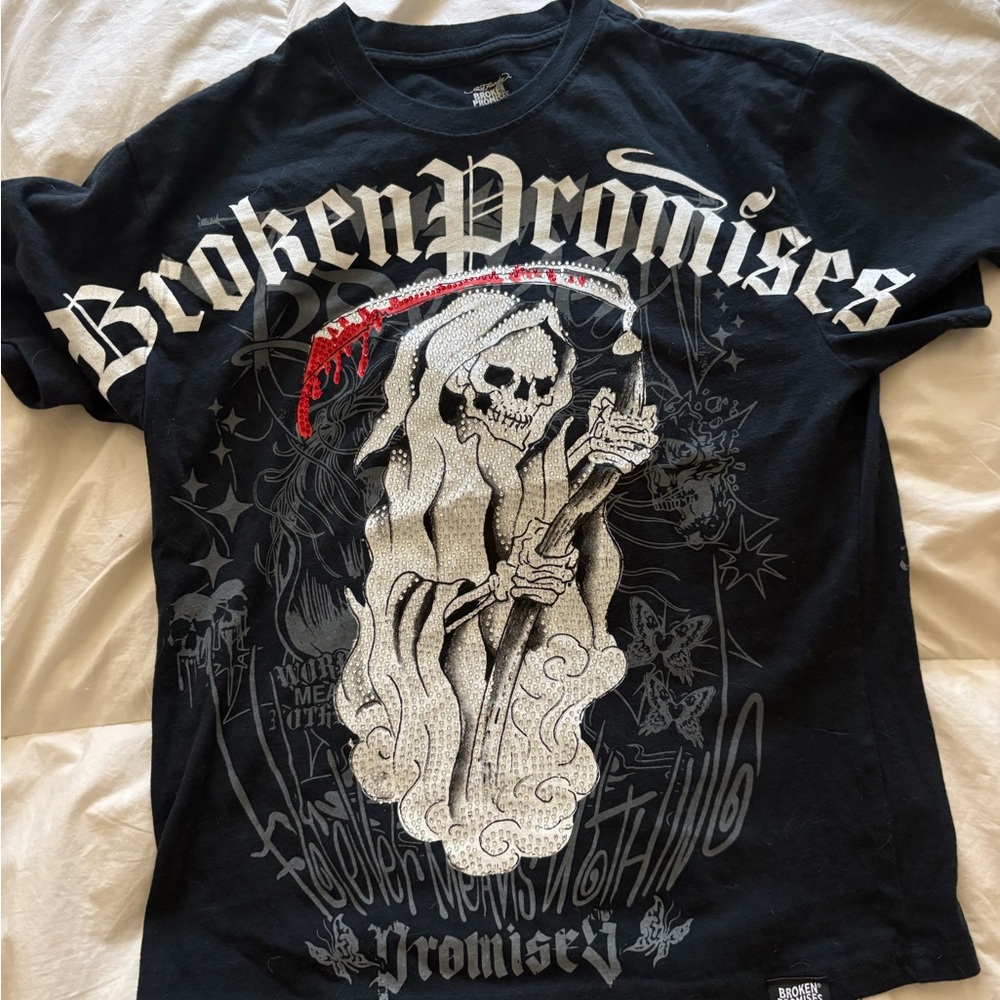 Broken Promises Mens Black Rhinestone Graphic T-Shirt
